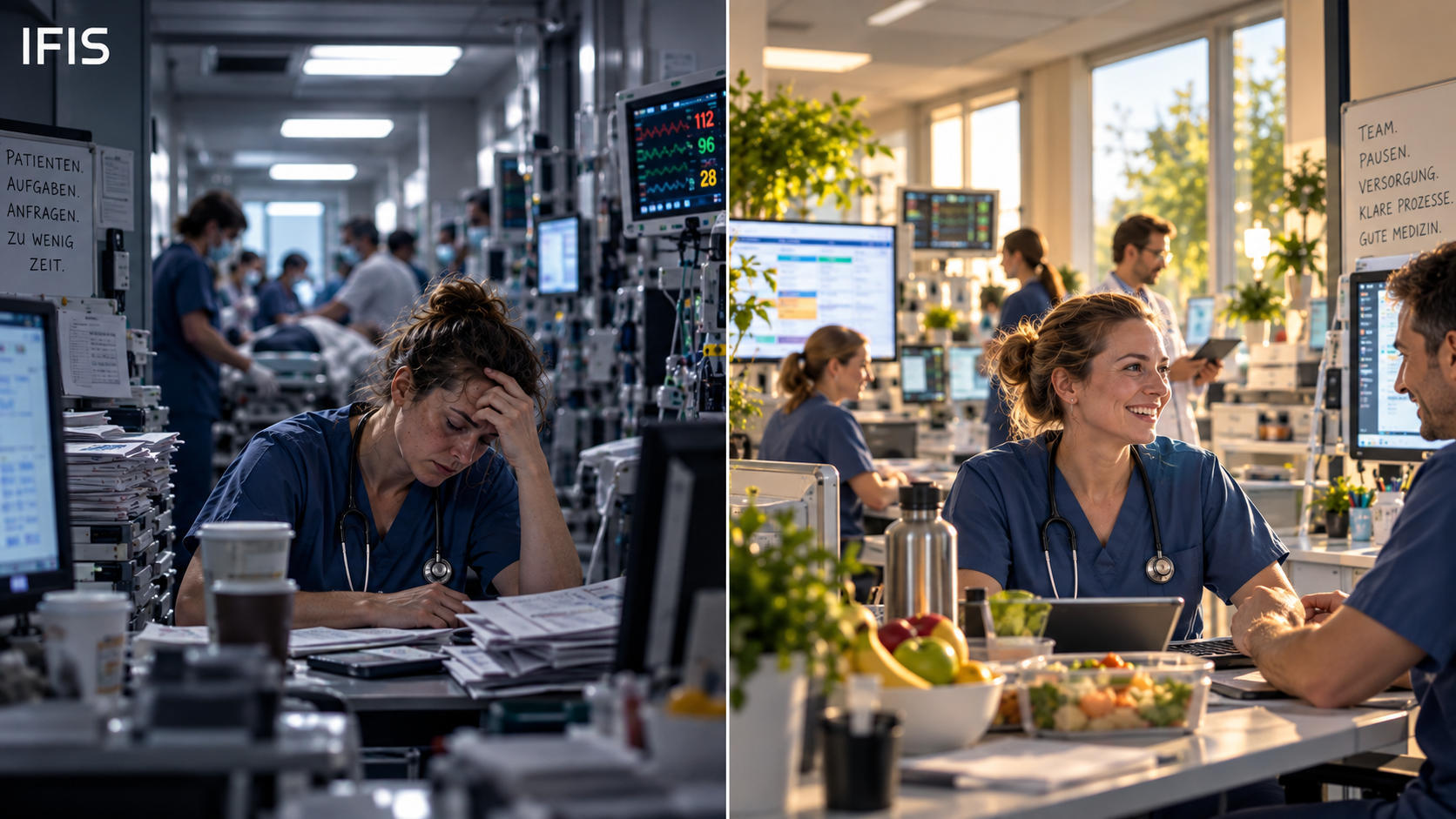 Geteilte Krankenhausszene mit überlasteter Arbeitsstruktur auf der einen und tragfähiger Teamstruktur auf der anderen Seite