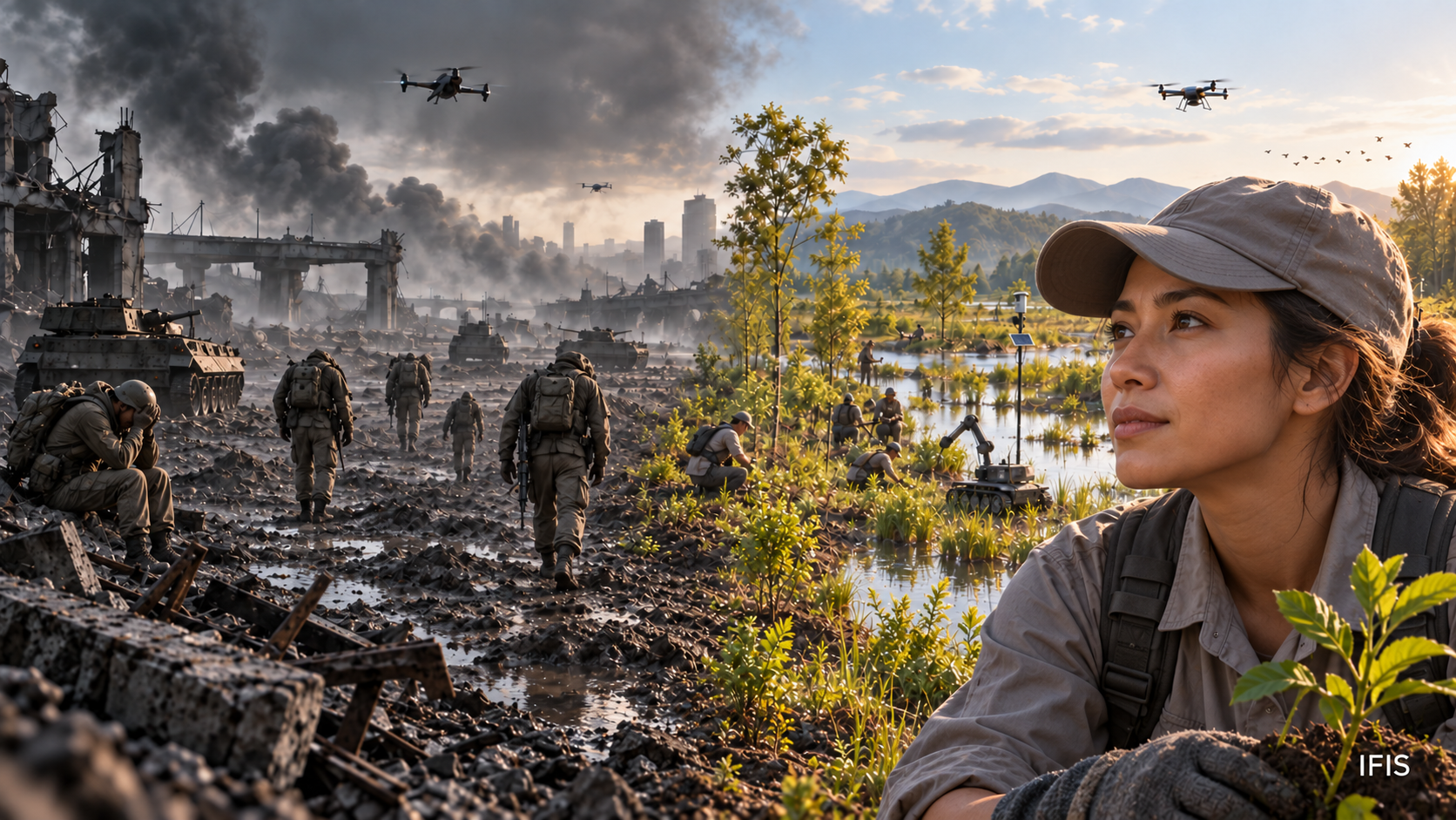 Geteilte Landschaft mit militärischer Zerstörung auf der einen und einer technologisch unterstützten Truppe zur Wiederherstellung von Lebensbedingungen auf der anderen Seite
