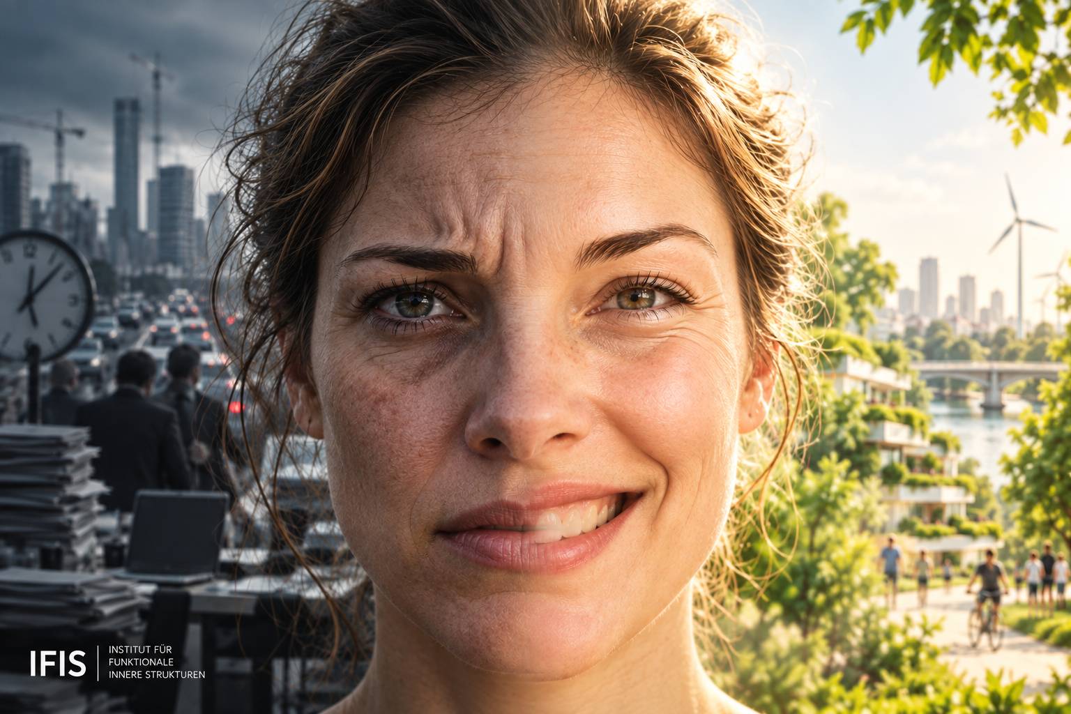 Geteiltes Porträt einer Frau zwischen belastender urbaner Umgebung und einer grünen, regenerativen Stadtstruktur