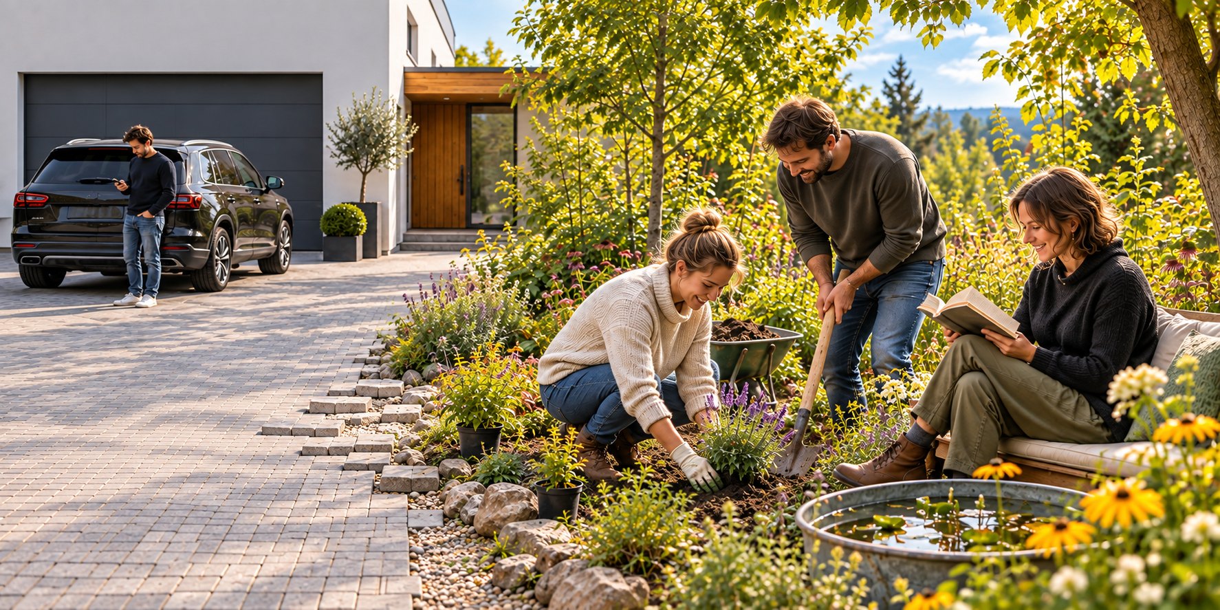 Derselbe Ort im Wandel: links versiegelte Auffahrt mit großem Auto, rechts entsiegelter Garten mit arbeitenden und lesenden Menschen