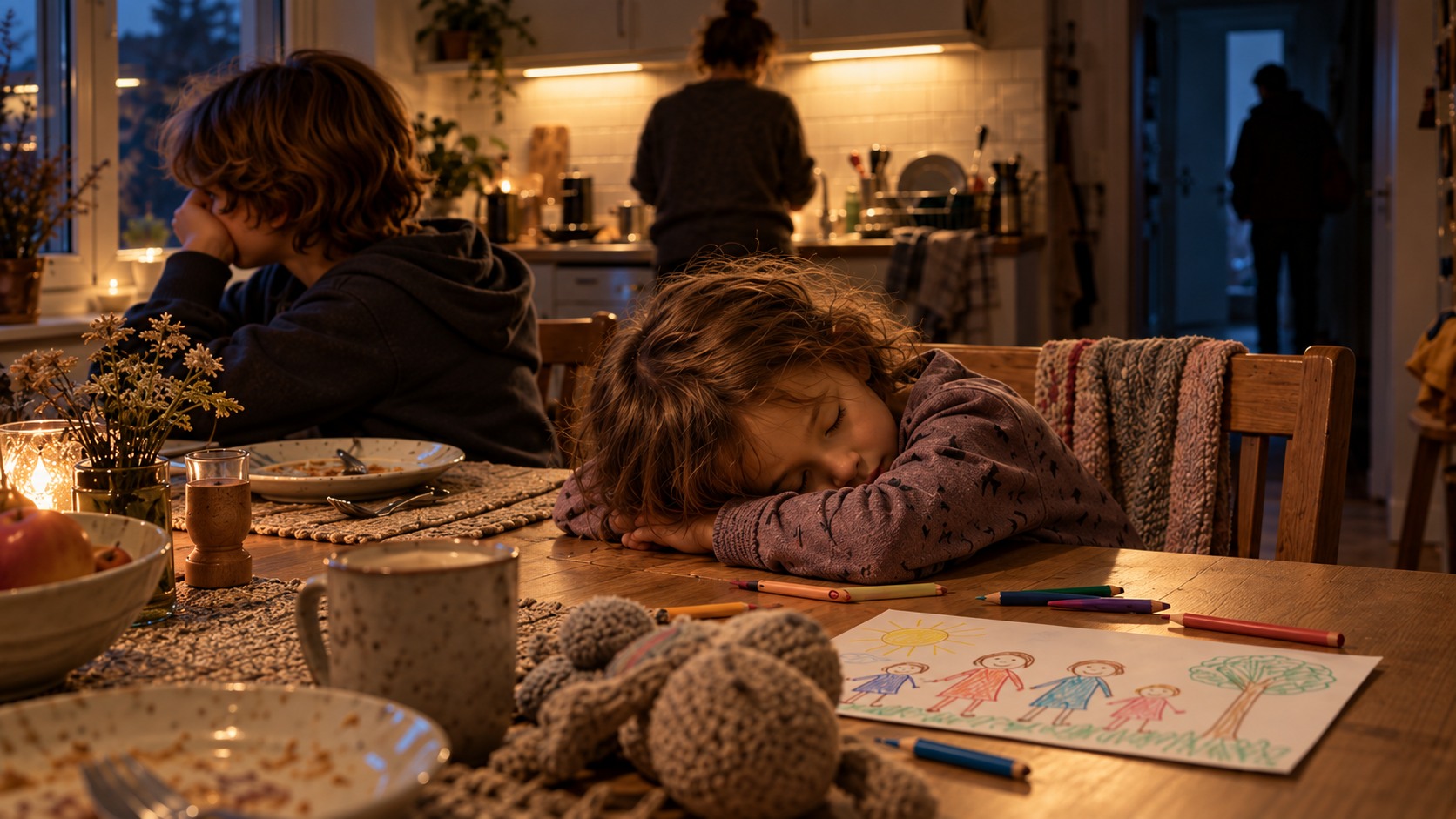 Wann kommt Papa? Zwei Kinder warten am Abend am Küchentisch; eines ist neben seiner Familienzeichnung eingeschlafen.