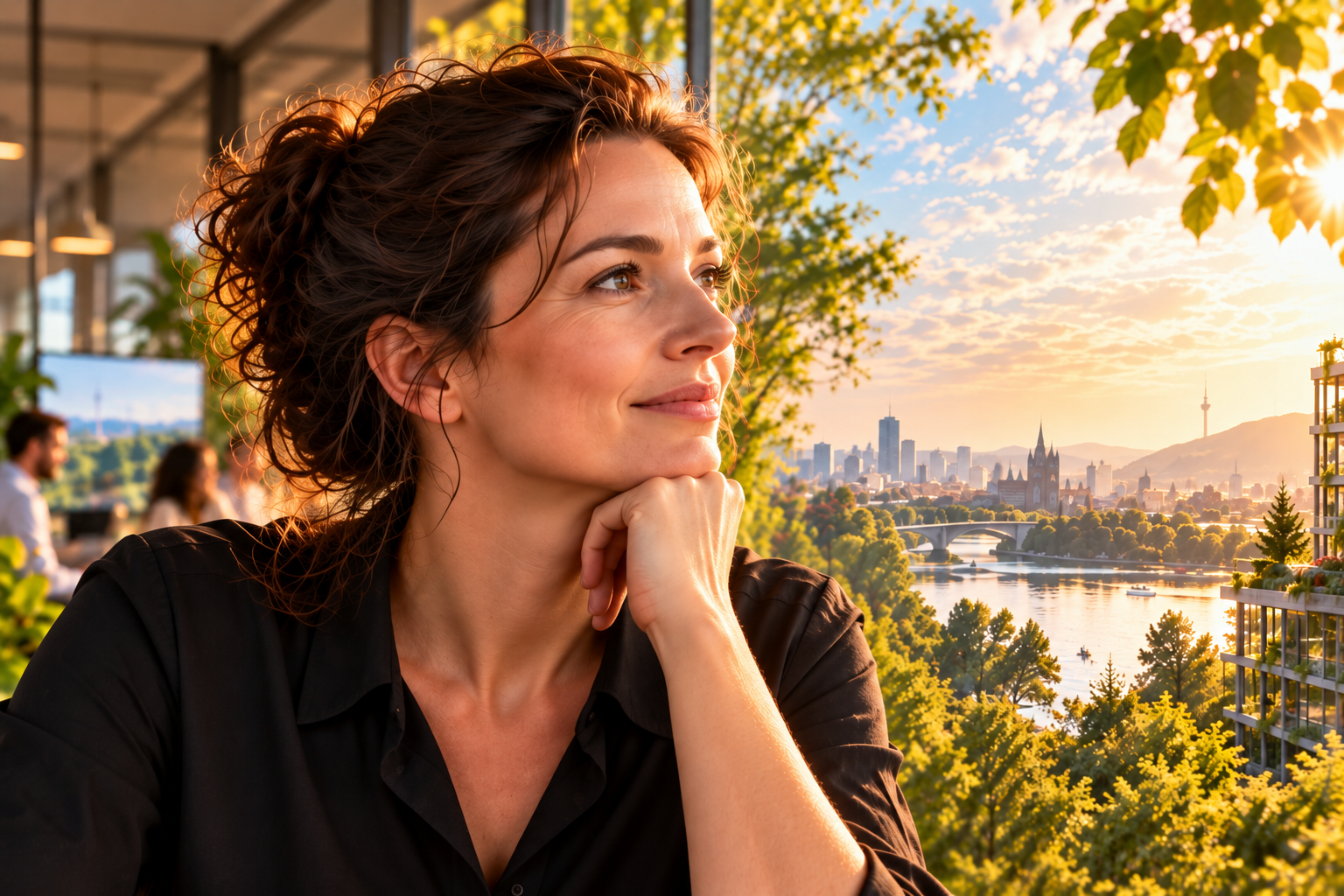 Eine Frau im Büro blickt in eine grüne Stadt- und Gemeinschaftslandschaft; ein Kompass auf dem Tisch steht für die gemeinsame Orientierung von Arbeit, Unternehmen und menschlichen Werten.