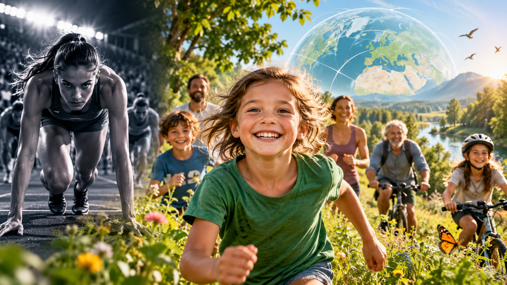 Kontrast zwischen ehrgeizigem Leistungssport und gemeinsamer Bewegungsfreude in lebendiger Natur als Bild für die Neuausrichtung gesellschaftlicher Reformen.