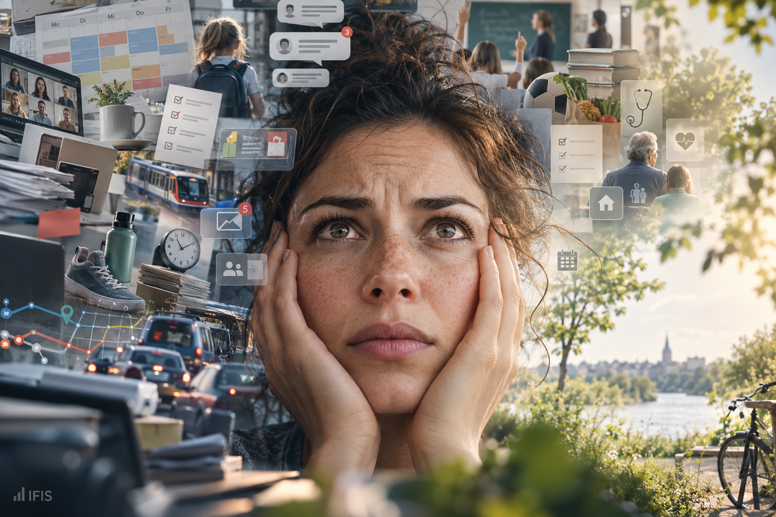 Nachdenkliches Gesicht zwischen verdichteten, digital organisierten Alltagsstrukturen und einem offenen, grünen Lebensraum
